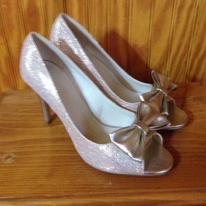 Gold Glitter Bow Peep Toe High Heels