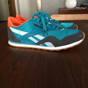 Teal and orange Reebok Classic sneakers