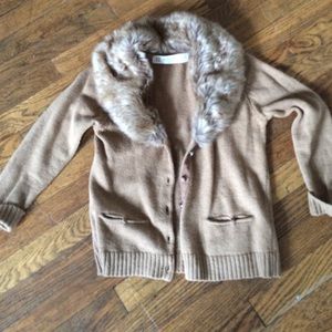 Camel faux fur trim cardigan