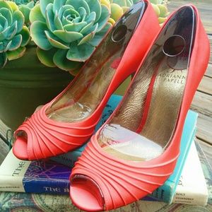 Adrianna Papell satin coral pleated peep toe heels