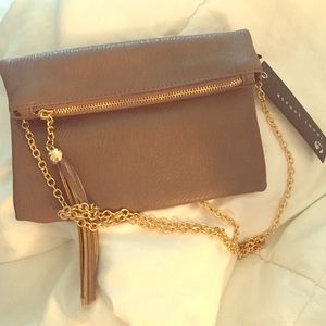 Taupe fold over/tassel clutch/small purse