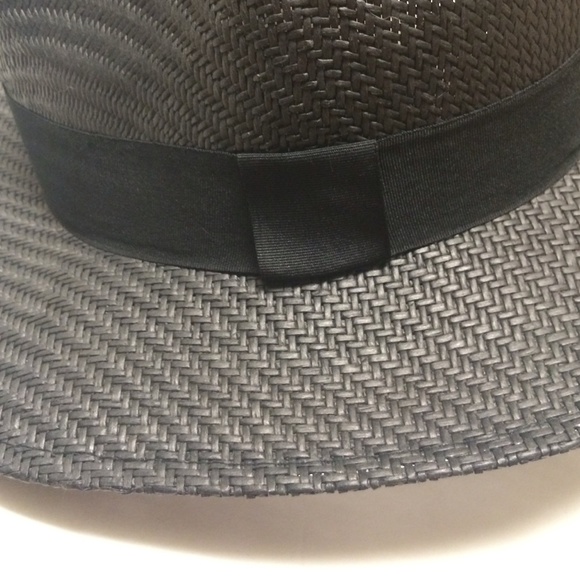 NWT Black Wide Brim Straw Fedora Sun Hat - Picture 2 of 3