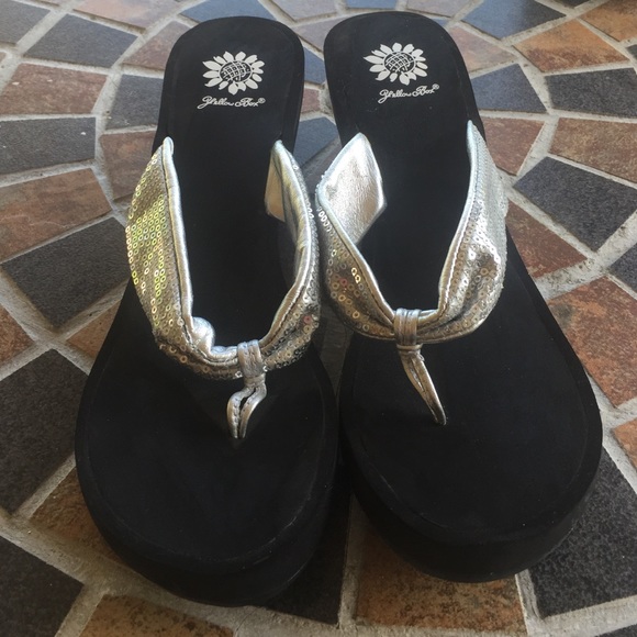 Yellow Box Silver Sequins Black Wedges