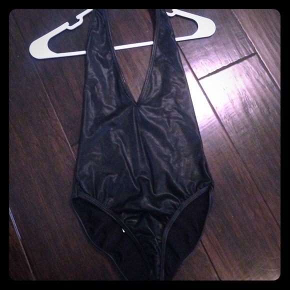 American apparel pleather plunging neck leotard