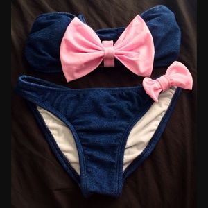 Strapless Bikini Denim Blue with Pink Bows