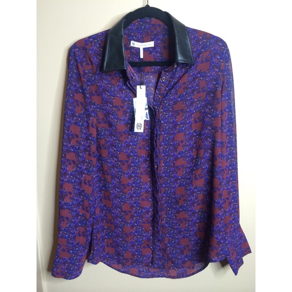 House of Harlow Leather Collar Floral Button Down