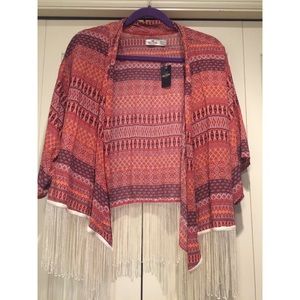 Pink/purple tribal print kimono with white fringe