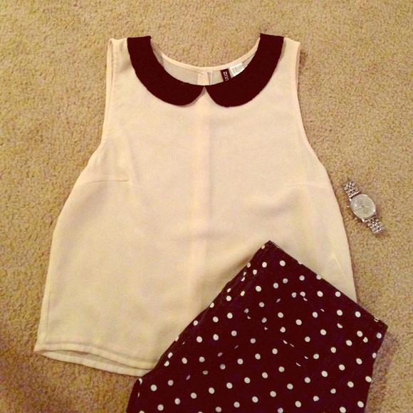 H&M Sheer Cream and Black Peter Pan Collared Shirt