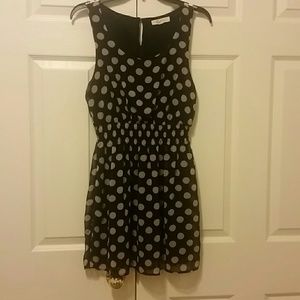 Navy and beige polka dot dress