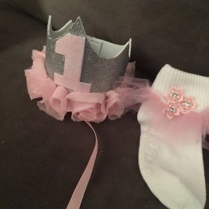 Handmade baby's first birthday hat and socks