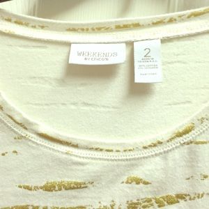 CHICOS 3/4 sleeve tee, gold & cream. Sz 2