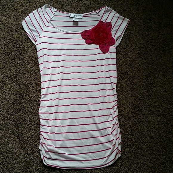 White and pink striped shirt with floral design