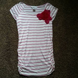 White and pink striped shirt with floral design