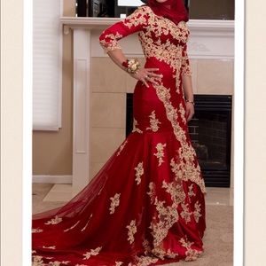 Costume made red and gold prom dress