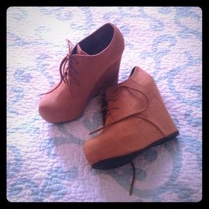 Camel feaux suede wedges