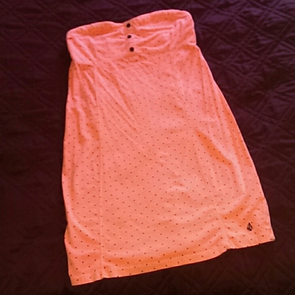 Volcom Strapless Orange w/Black Polka Dot Dress - Picture 2 of 4