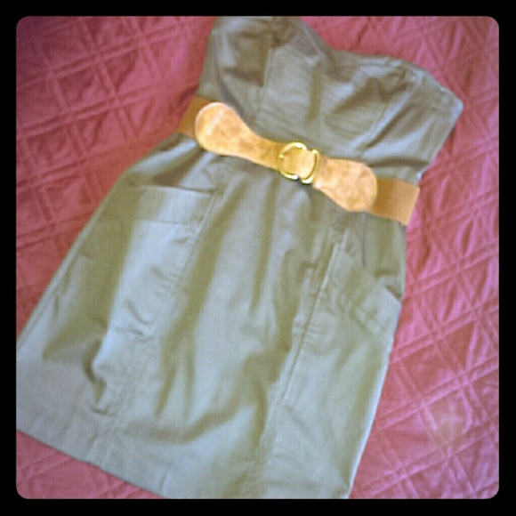 Pocketed, Strapless Army Green Dress w/Belt