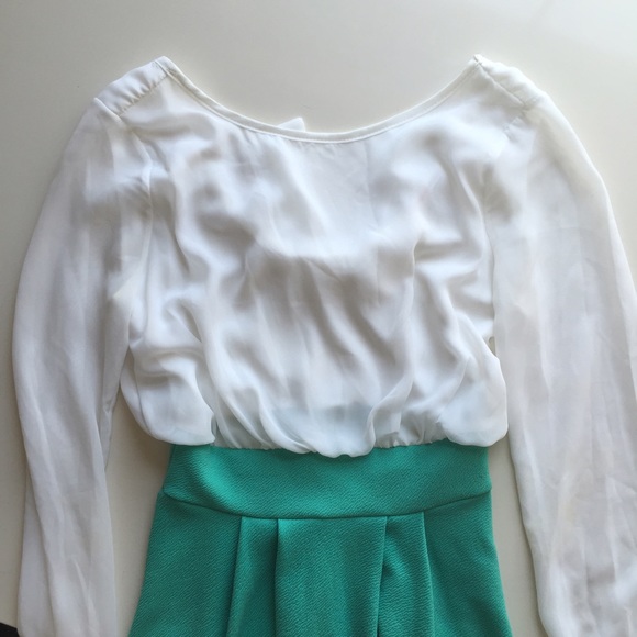 White and Teal Color Block Bow Dress - Picture 2 of 3