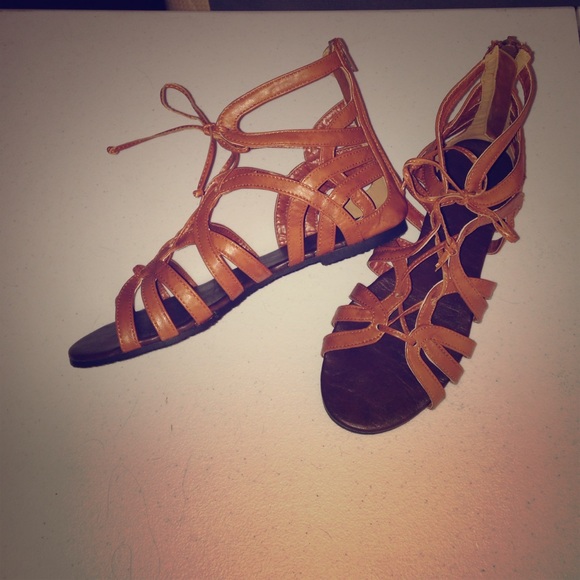 Dark brown gladiator sandals.