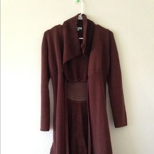 Brown knit coat bundled with tie dye maxi dress