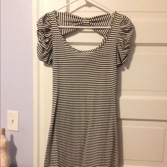 White and navy striped dress with bow back