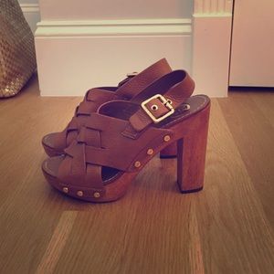 Tory Burch Wooden & Leather Heels gold accents 8.5