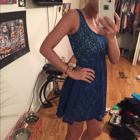 Blue lace dress with mint slip under lace