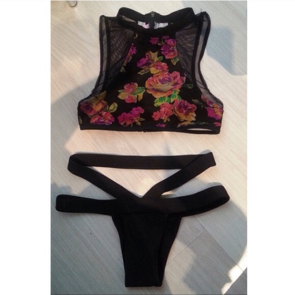 Black mesh floral swim top with black bottoms