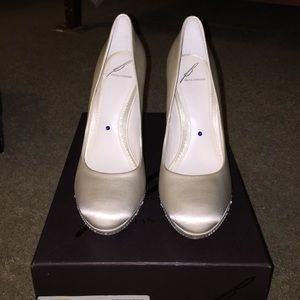 B Brian Atwood white satin shoes with crystals!
