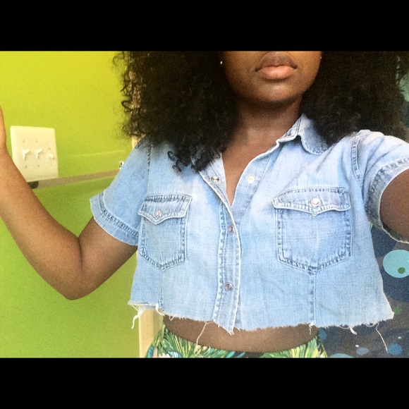Cropped short sleeved ripped jean button up shirt
