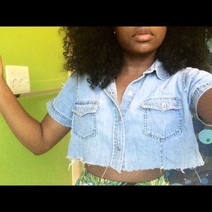 Cropped short sleeved ripped jean button up shirt
