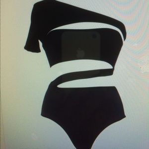 Black Monokini bathing suit. Stackable Ring Set