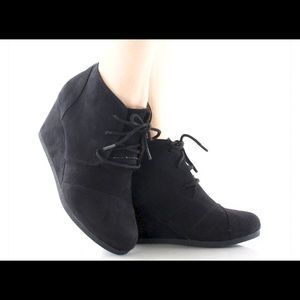 New! Suede lace up ankle wedge booties.