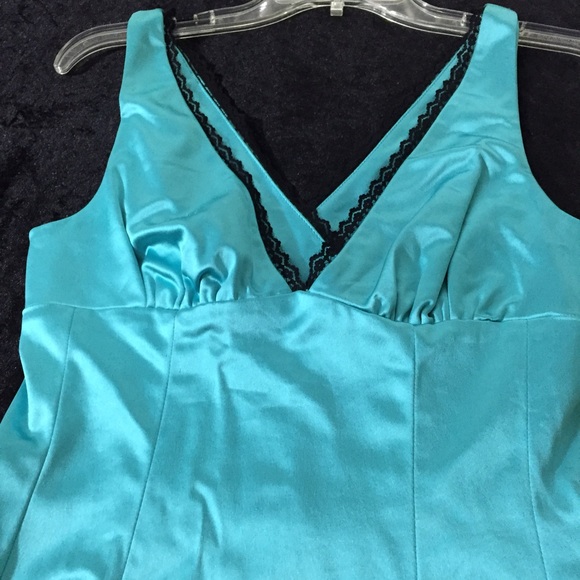 Tiffany's blue BeBe dress with black lace trim