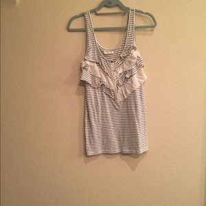 Black and ivory striped ruffle tank