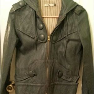 Hooded grey leather jacket