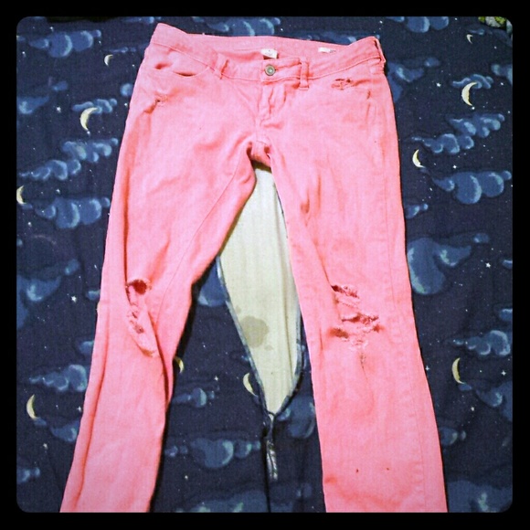 Pre-Ripped Pink Skinny Jeans