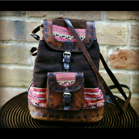Vintage leather & tribal fabric backpack