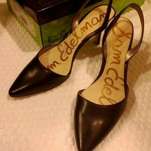 Sam Edelman 'Orly' Black Leather Slingbacks