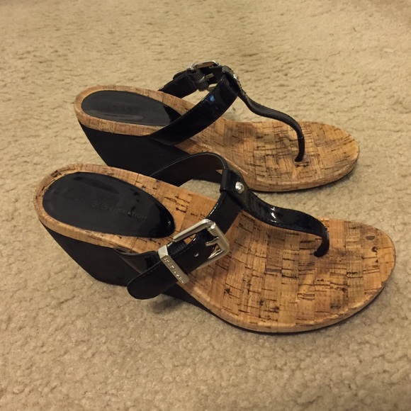 BCBG black and cork wedges