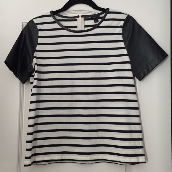 Ann Taylor stripes and faux leather sleeves top.