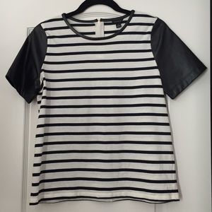 Ann Taylor stripes and faux leather sleeves top.