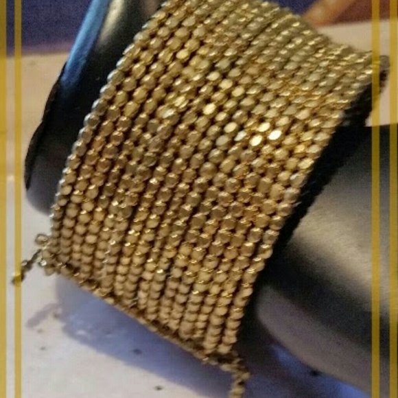 Goldtone Cuff Beaded Statement Bracelet 1-1/2" W.