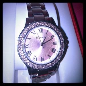Silver Watch with Pink Bezel and Crystals