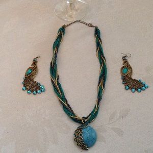 Turquoise Beaded Peacock Necklace and Earrings Set