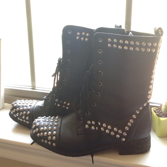 Black leather lace up combat boots