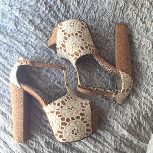 Jessica Simpson lace & cork platform pumps