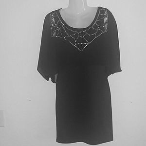 Black dress with kemono sleeves with silver trims