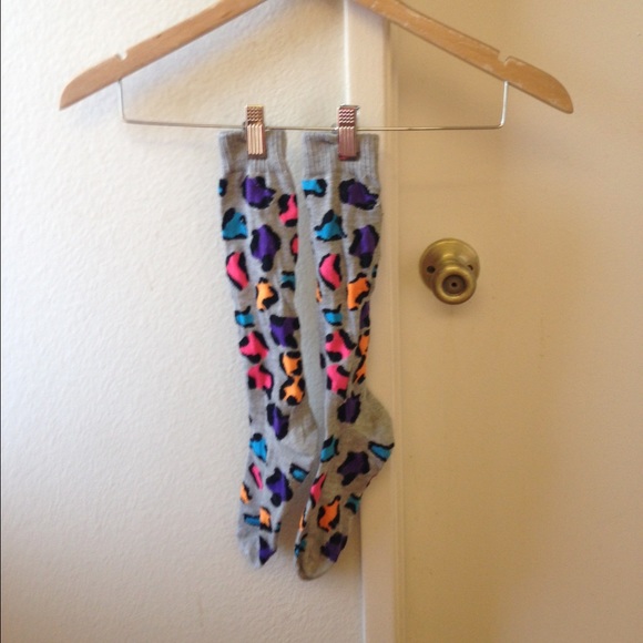Grey knee high socks with colorful animal print