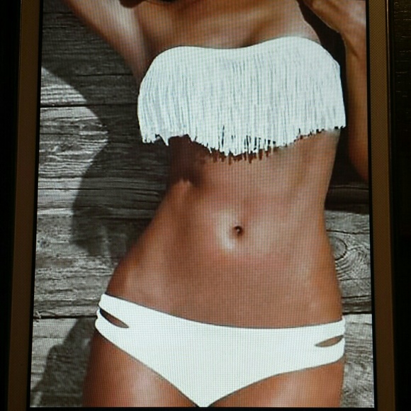 White Two Piece Tassel Bikini With Tie Back
